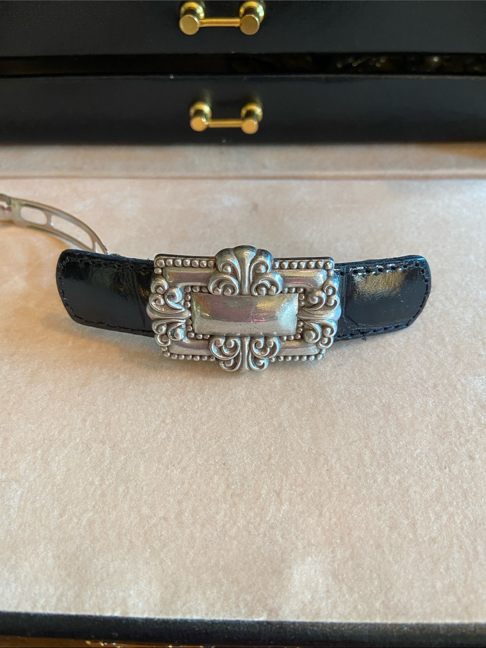 Rare Vintage VOGT  Sterling Silver Branded Leather Western Barrette. Mint.